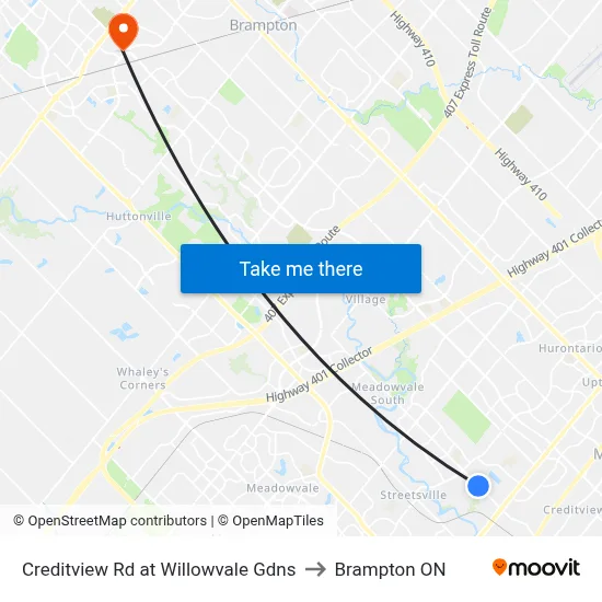 Creditview Rd at Willowvale Gdns to Brampton ON map