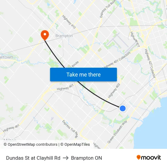Dundas St at Clayhill Rd to Brampton ON map