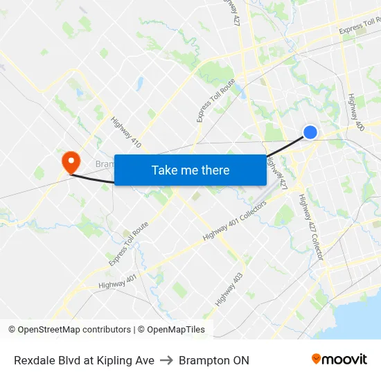 Rexdale Blvd at Kipling Ave to Brampton ON map