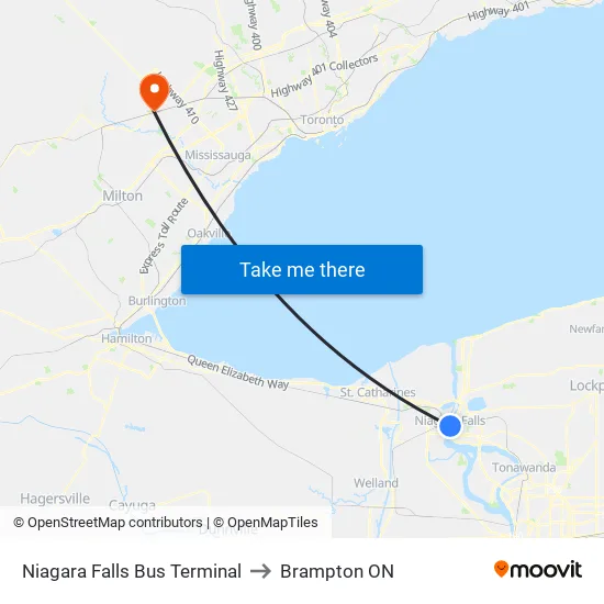 Niagara Falls Bus Terminal to Brampton ON map