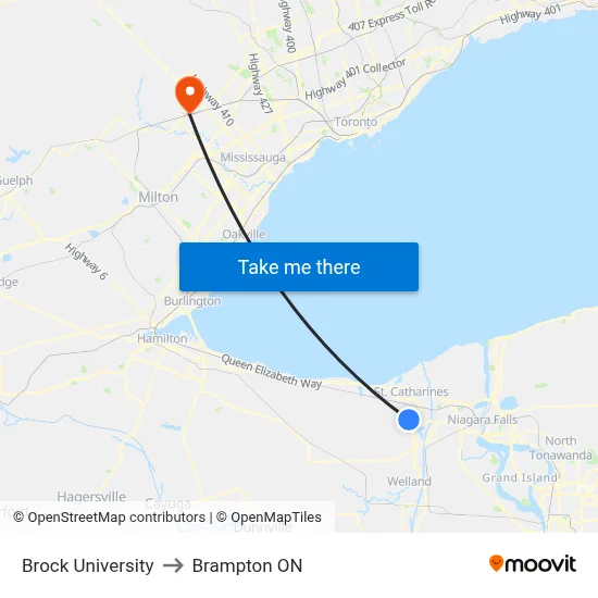 Brock University to Brampton ON map