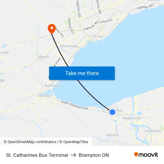 St. Catharines Bus Terminal to Brampton ON map