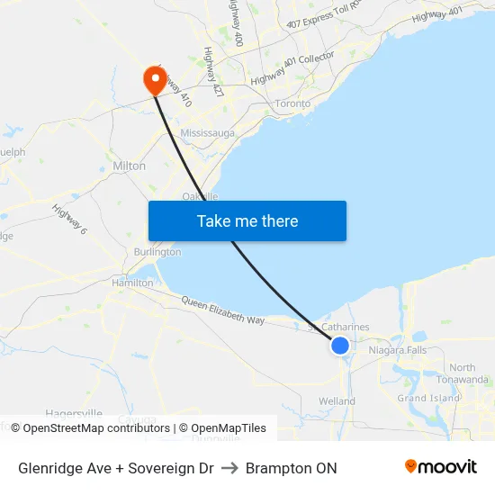 Glenridge Ave + Sovereign Dr to Brampton ON map