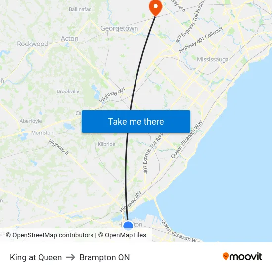 King at Queen to Brampton ON map