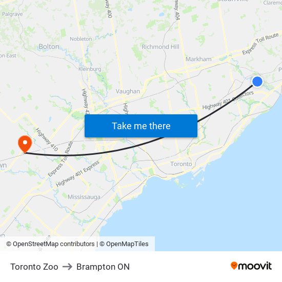 Toronto Zoo to Brampton ON map