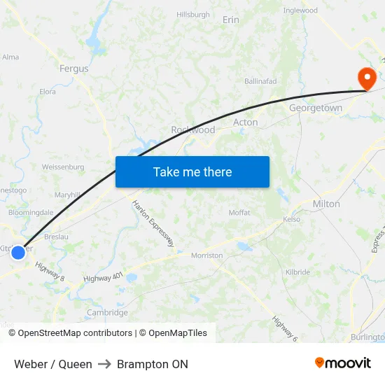 Weber / Queen to Brampton ON map