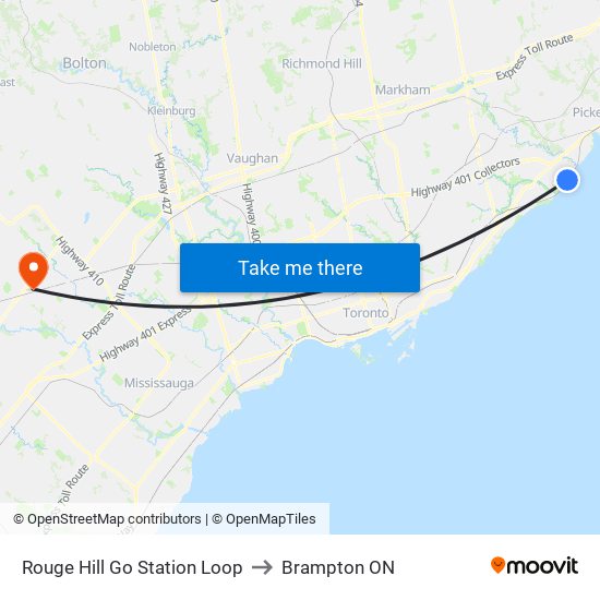 Rouge Hill Go Station Loop to Brampton ON map