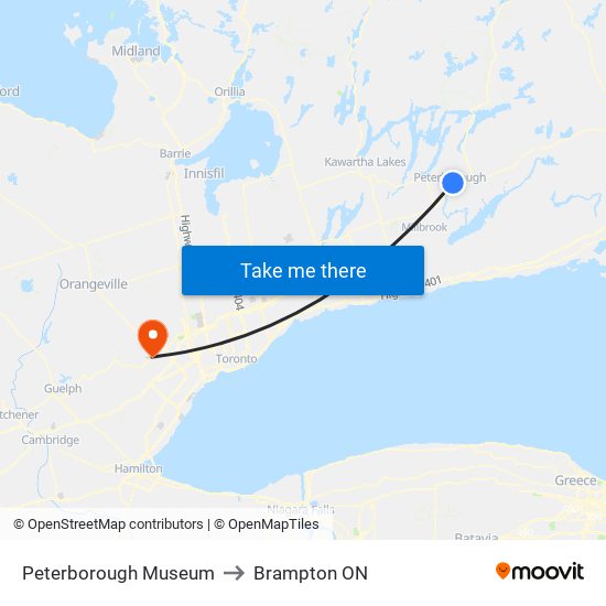 Peterborough Museum to Brampton ON map