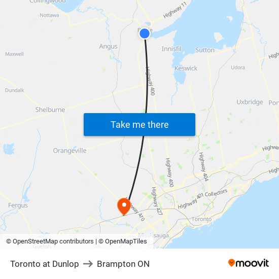 Toronto at Dunlop to Brampton ON map