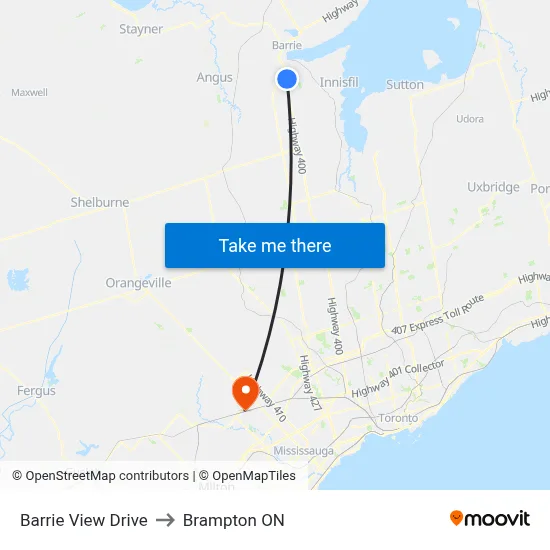 Barrie View Drive to Brampton ON map