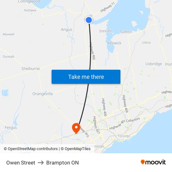 Owen Street to Brampton ON map