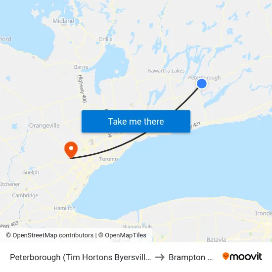 Peterborough (Tim Hortons Byersville) to Brampton ON map