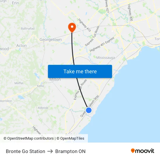 Bronte Go Station to Brampton ON map