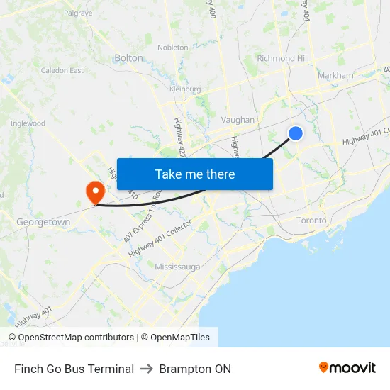 Finch Go Bus Terminal to Brampton ON map