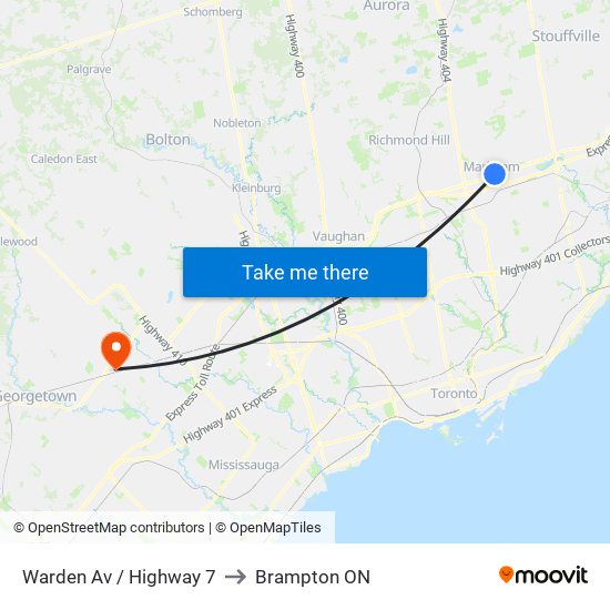 Warden Av / Highway 7 to Brampton ON map