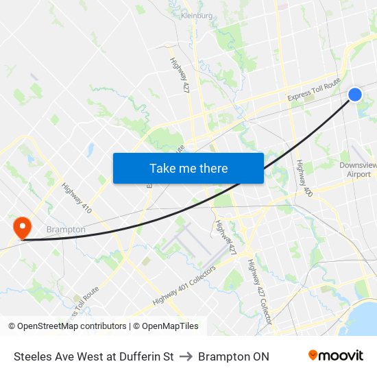 Steeles Ave West at Dufferin St to Brampton ON map