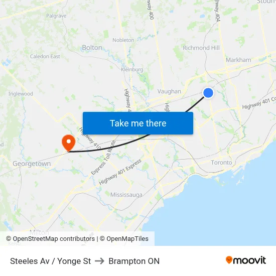 Steeles Av / Yonge St to Brampton ON map