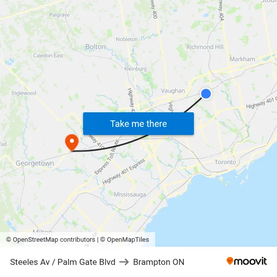 Steeles Av / Palm Gate Blvd to Brampton ON map