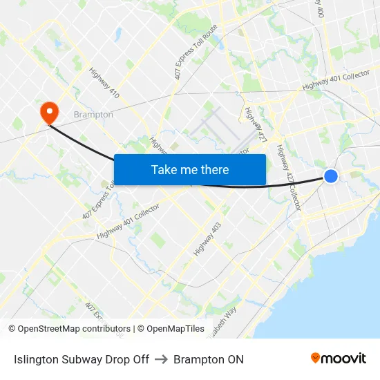 Islington Subway Drop Off to Brampton ON map
