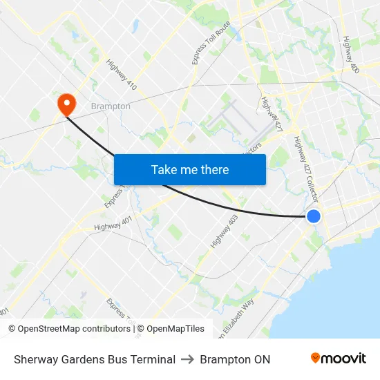 Sherway Gardens Bus Terminal to Brampton ON map