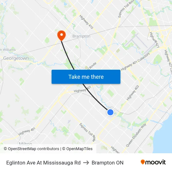 Eglinton Ave At Mississauga Rd to Brampton ON map