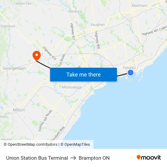 Union Station Bus Terminal to Brampton ON map