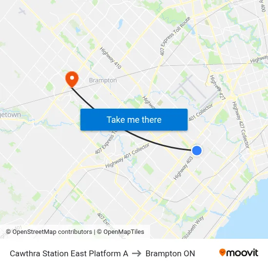 Cawthra Station East Platform A to Brampton ON map