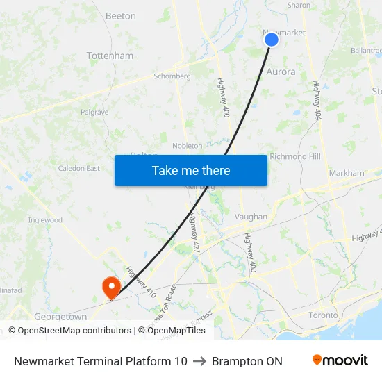 Newmarket Terminal Platform 10 to Brampton ON map