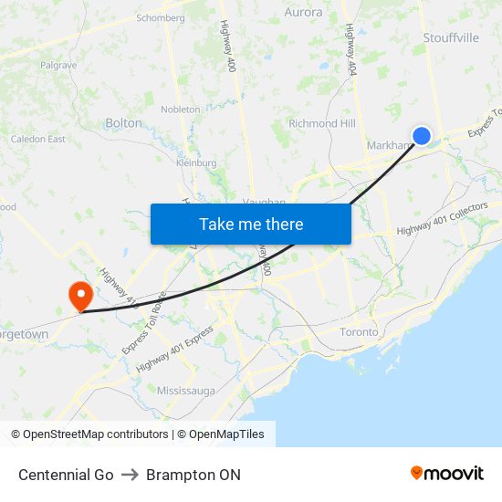 Centennial Go to Brampton ON map