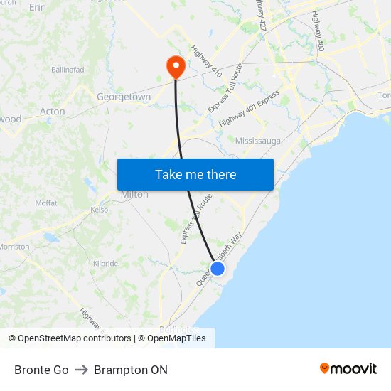 Bronte Go to Brampton ON map