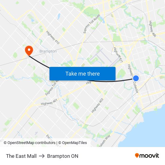The East Mall to Brampton ON map