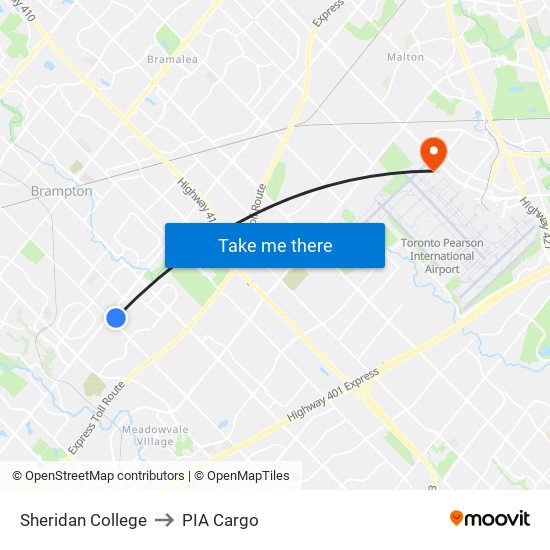 Sheridan College to PIA Cargo map