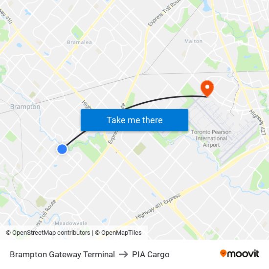 Brampton Gateway Terminal to PIA Cargo map