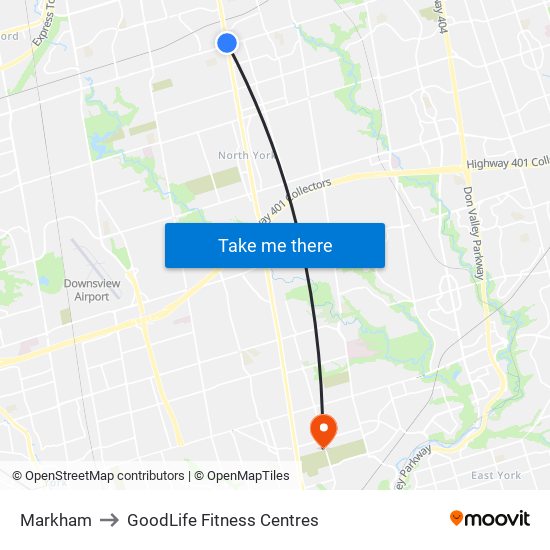 Markham to GoodLife Fitness Centres map