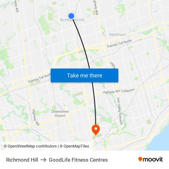 Richmond Hill to GoodLife Fitness Centres map