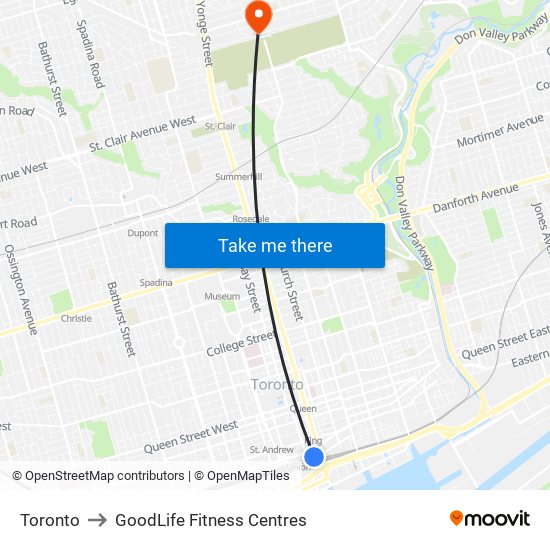 Toronto to GoodLife Fitness Centres map