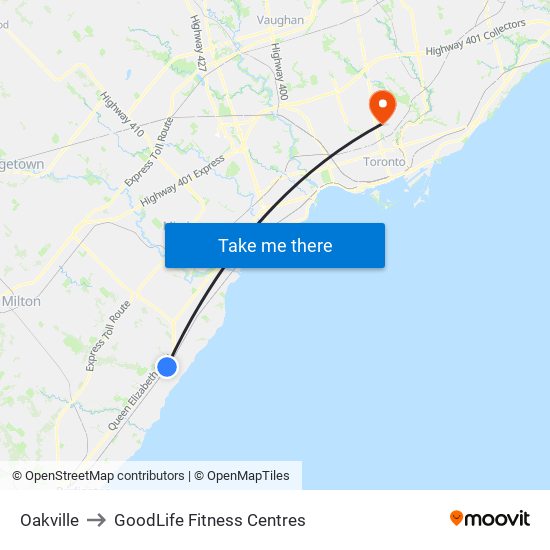Oakville to GoodLife Fitness Centres map