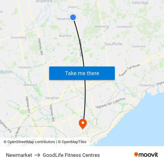 Newmarket to GoodLife Fitness Centres map