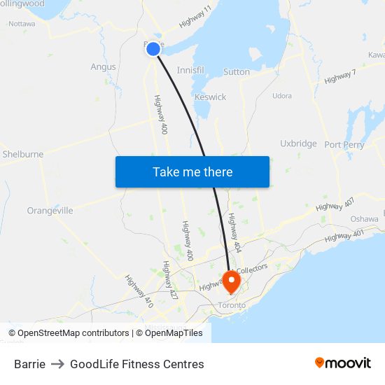 Barrie to GoodLife Fitness Centres map