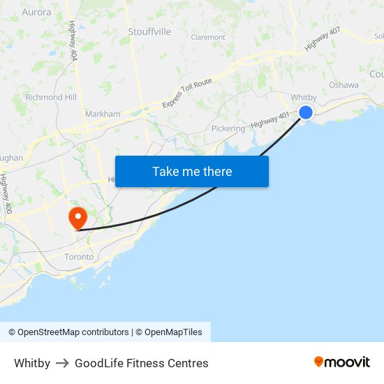 Whitby to GoodLife Fitness Centres map