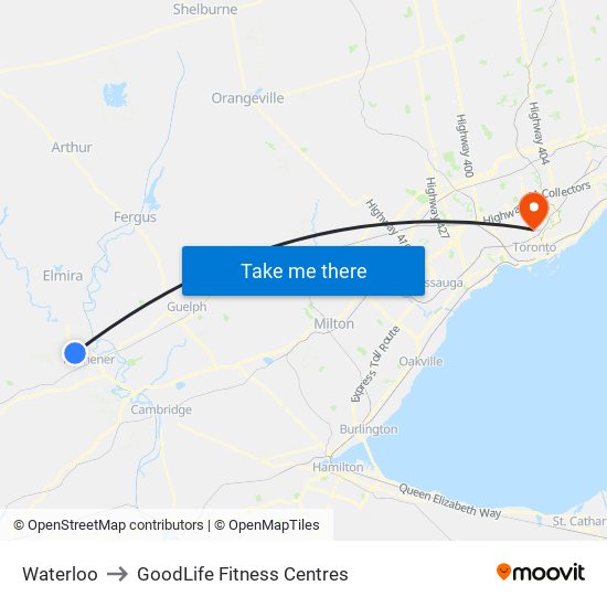 Waterloo to GoodLife Fitness Centres map