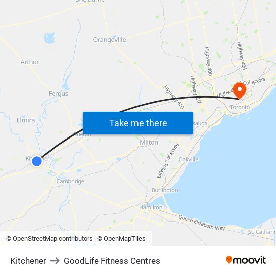 Kitchener to GoodLife Fitness Centres map