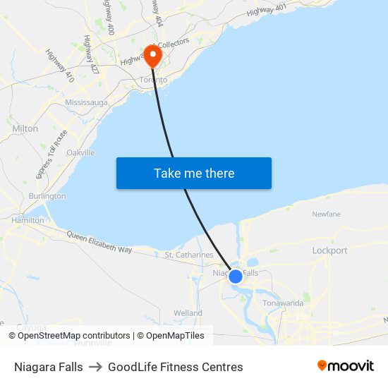 Niagara Falls to GoodLife Fitness Centres map