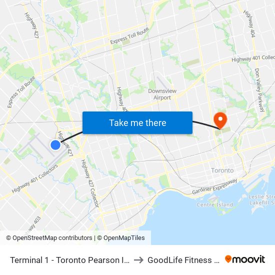 Terminal 1 - Toronto Pearson Int'L Airport to GoodLife Fitness Centres map