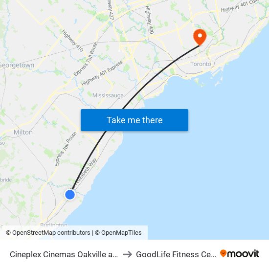 Cineplex Cinemas Oakville and VIP to GoodLife Fitness Centres map