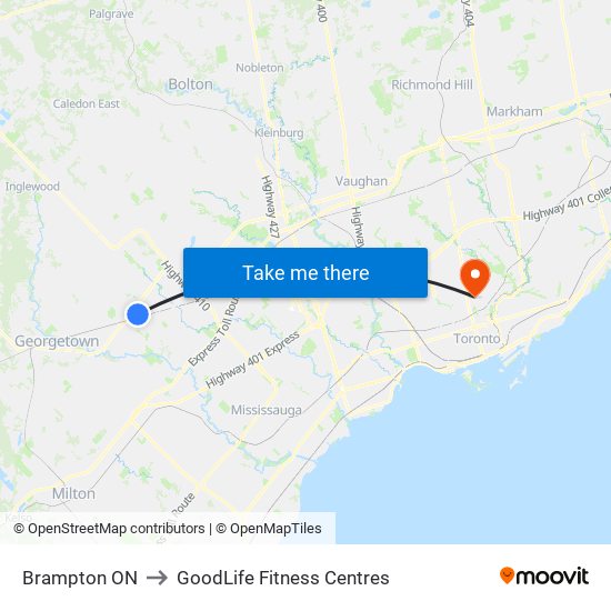 Brampton ON to GoodLife Fitness Centres map