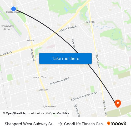 Sheppard West Subway Station to GoodLife Fitness Centres map