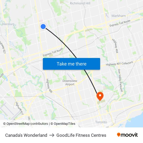 Canada's Wonderland to GoodLife Fitness Centres map