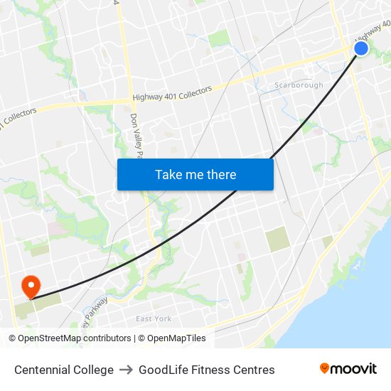 Centennial College to GoodLife Fitness Centres map