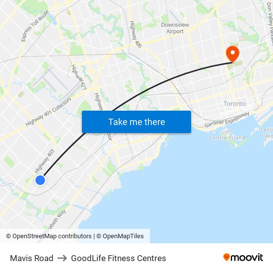 Mavis Road to GoodLife Fitness Centres map